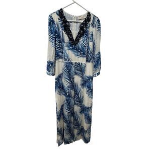 Tory Burch White Blue Feather Print Sequined Neck Maxi Dress Size 8 $895 READ